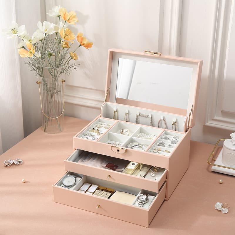Large Jewellery Box With Lock Decor 3 Drawers