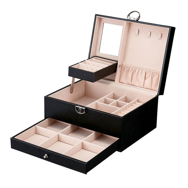 Two layer Leather Jewelry Box Organizer With Lock Mirror for Women Girls Travel Case Display Storage