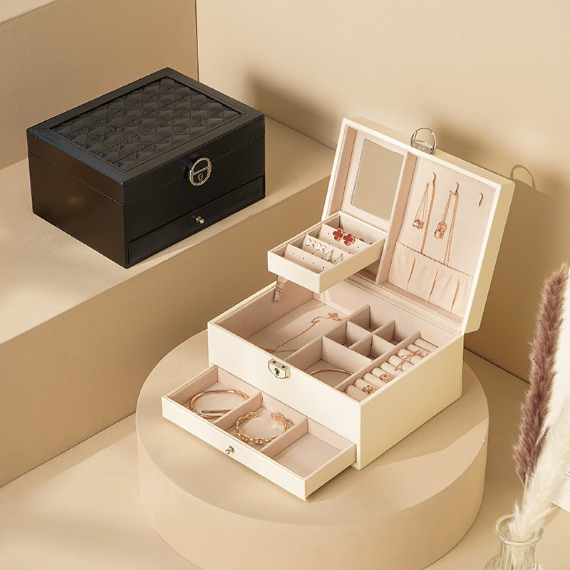 Two layer Leather Jewelry Box Organizer With Lock Mirror for Women Girls Travel Case Display Storage