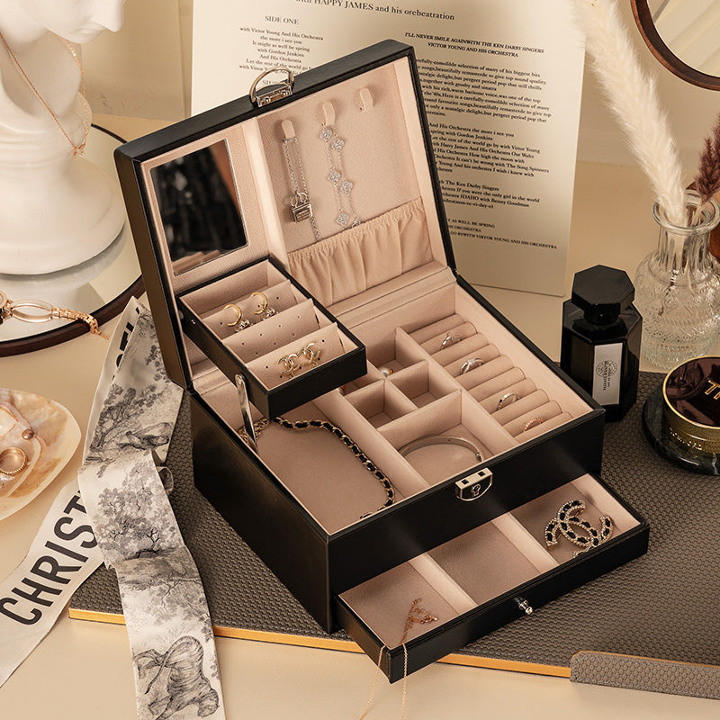 Two layer Leather Jewelry Box Organizer With Lock Mirror for Women Girls Travel Case Display Storage