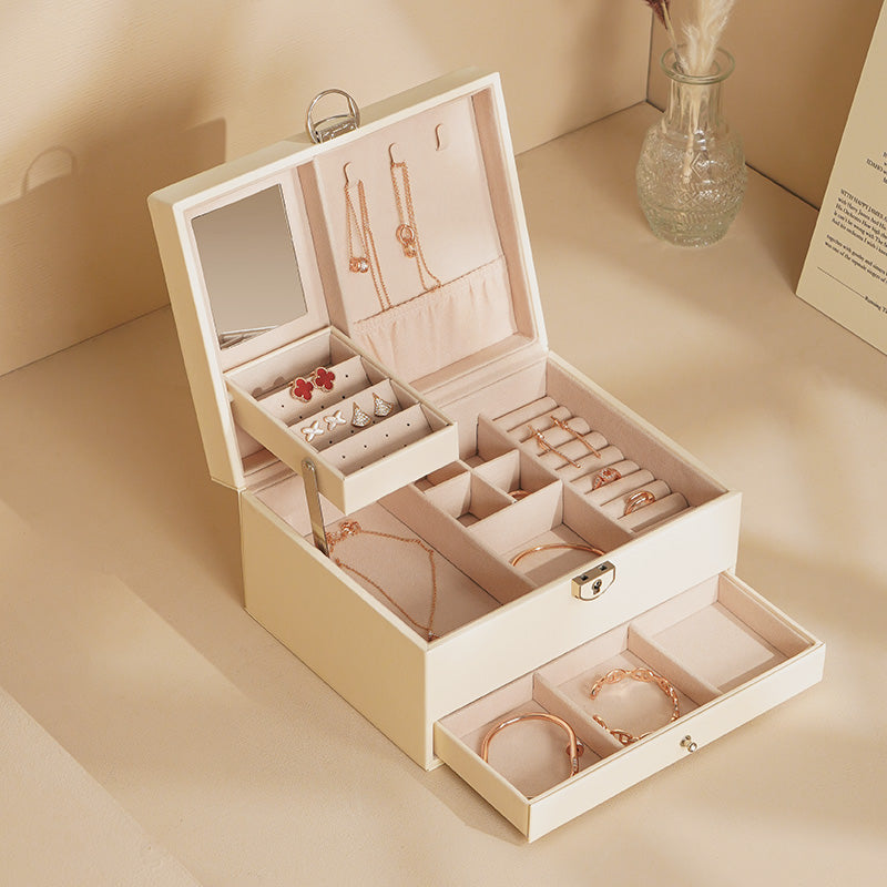 Two layer Leather Jewelry Box Organizer With Lock Mirror for Women Girls Travel Case Display Storage