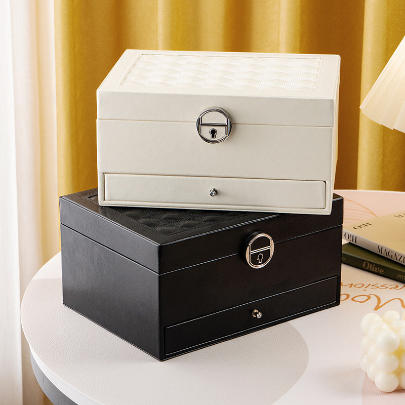 Two layer Leather Jewelry Box Organizer With Lock Mirror for Women Girls Travel Case Display Storage