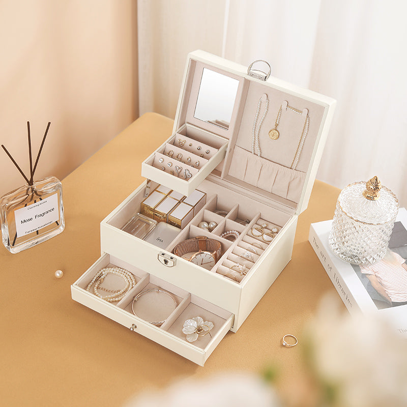 Two layer Leather Jewelry Box Organizer With Lock Mirror for Women Girls Travel Case Display Storage