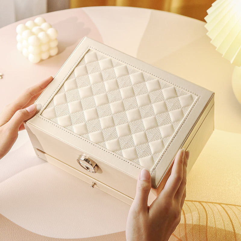 Two layer Leather Jewelry Box Organizer With Lock Mirror for Women Girls Travel Case Display Storage
