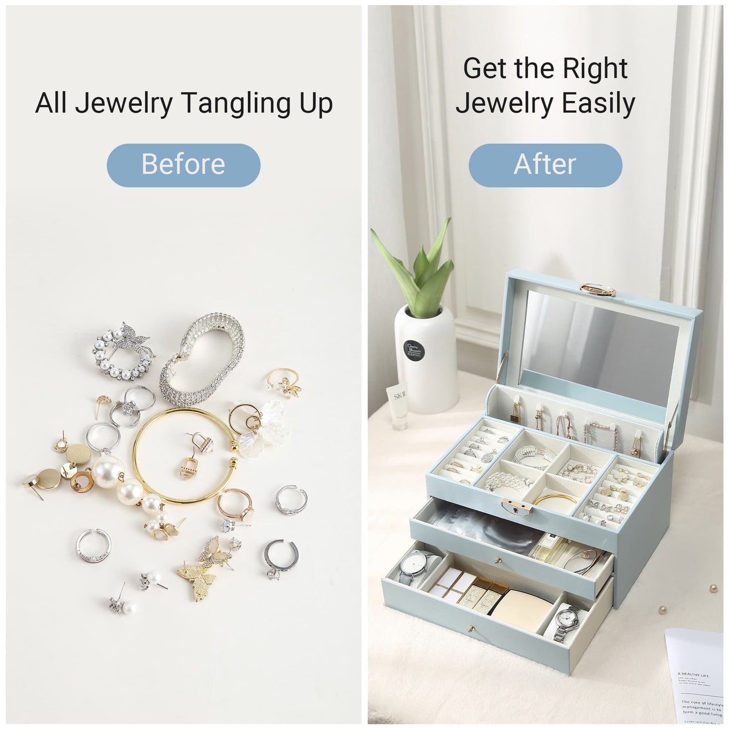 Large Jewellery Box With Lock Decor 3 Drawers
