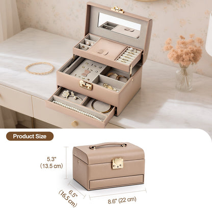 3 Layers Leather Jewelry Storage Box with Lock, Mirror