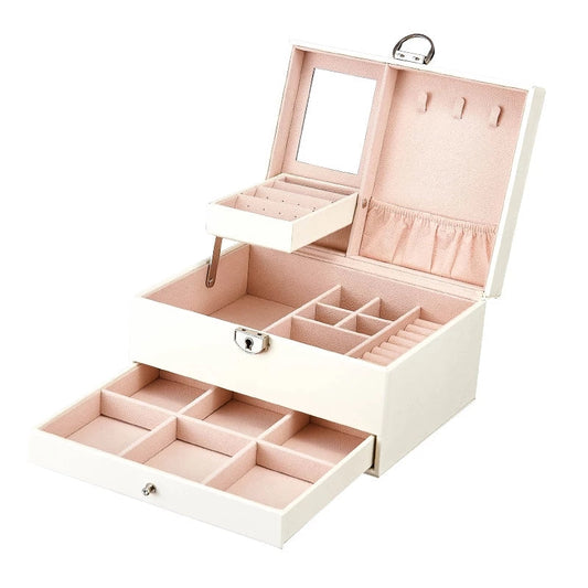 Two layer Leather Jewelry Box Organizer With Lock Mirror for Women Girls Travel Case Display Storage