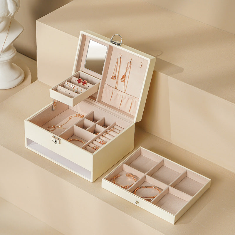 Two layer Leather Jewelry Box Organizer With Lock Mirror for Women Girls Travel Case Display Storage