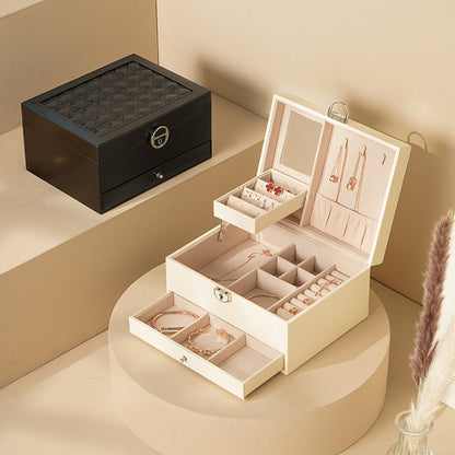 Two layer Leather Jewelry Box Organizer With Lock Mirror for Women Girls Travel Case Display Storage