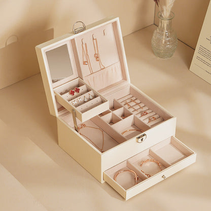 Two layer Leather Jewelry Box Organizer With Lock Mirror for Women Girls Travel Case Display Storage