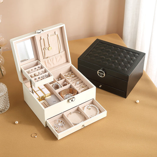 Two layer Leather Jewelry Box Organizer With Lock Mirror for Women Girls Travel Case Display Storage