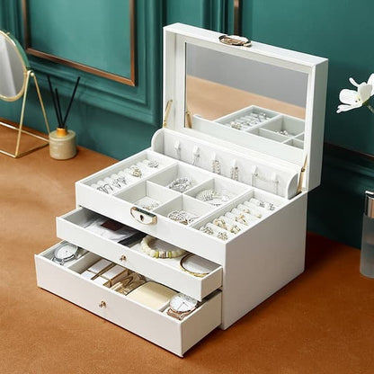 Large Jewellery Box With Lock Decor 3 Drawers