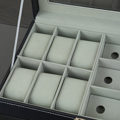 Watch & Sunglass Organizer PU Leather Eyeglasses Collector for Earrings and Necklaces, Jewelry Organizer with Compartment and Lid